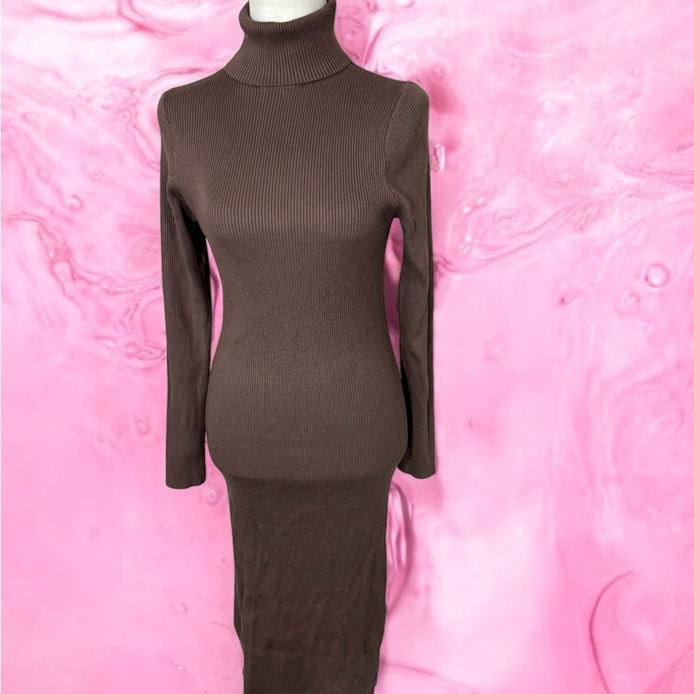 Pretty Guide Elegant Long Sleeve Brown Olive Sweater Dress NWOT